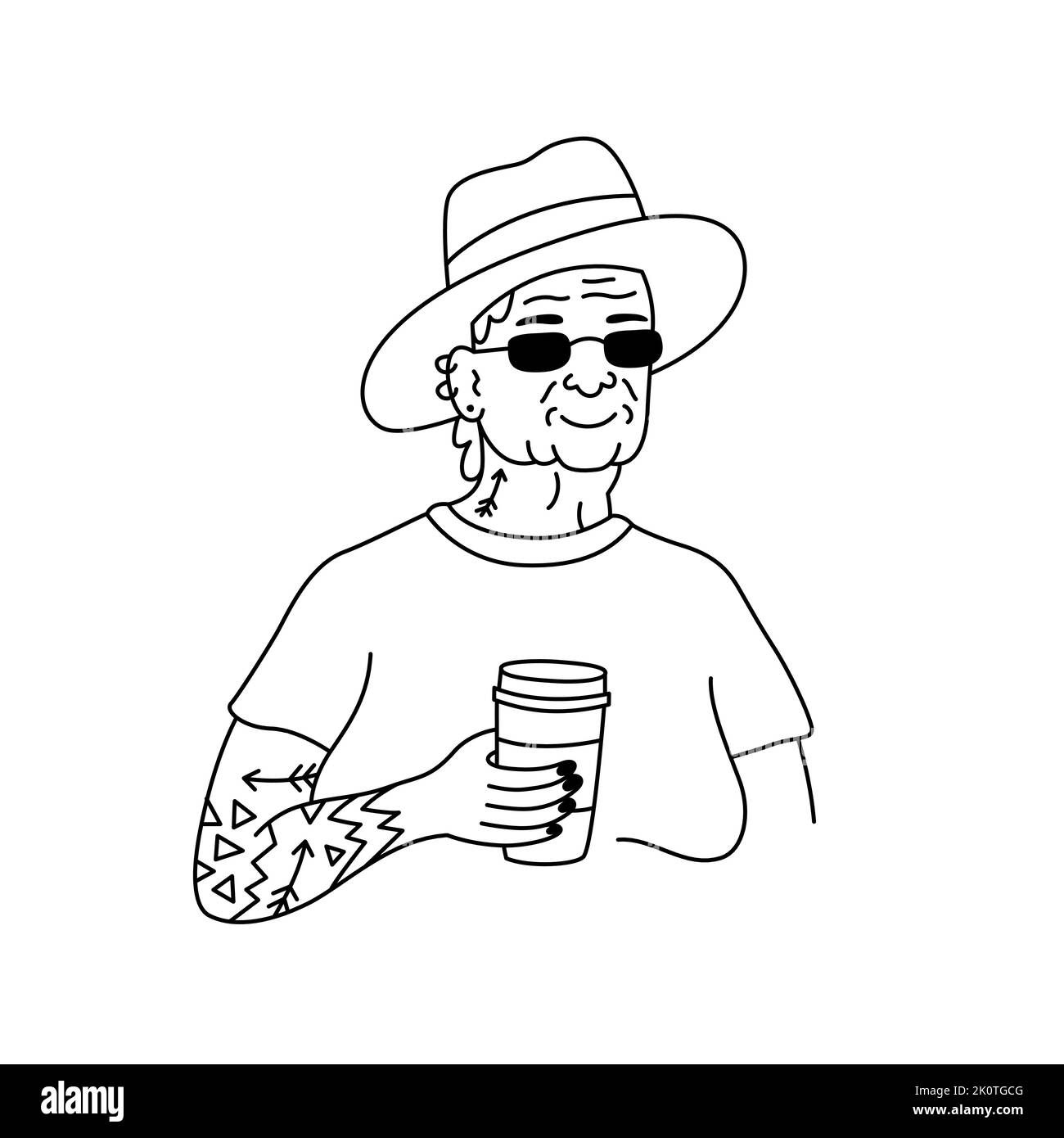 Old woman with tattoo drinking tea or coffee . Line art doodle illustration for print, graphic design, stickers and poster template Stock Vector