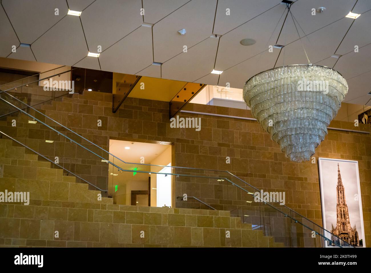 Lobby of the Chazen Museum of Art with a chandelier made of recycled