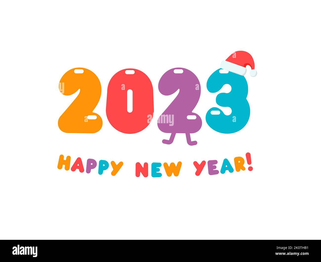 2023 numbers in cartoon style, color balloons with Santa hat. Happy New Year event poster, greeting card cover,2023 calendar design, invitation to Stock Vector