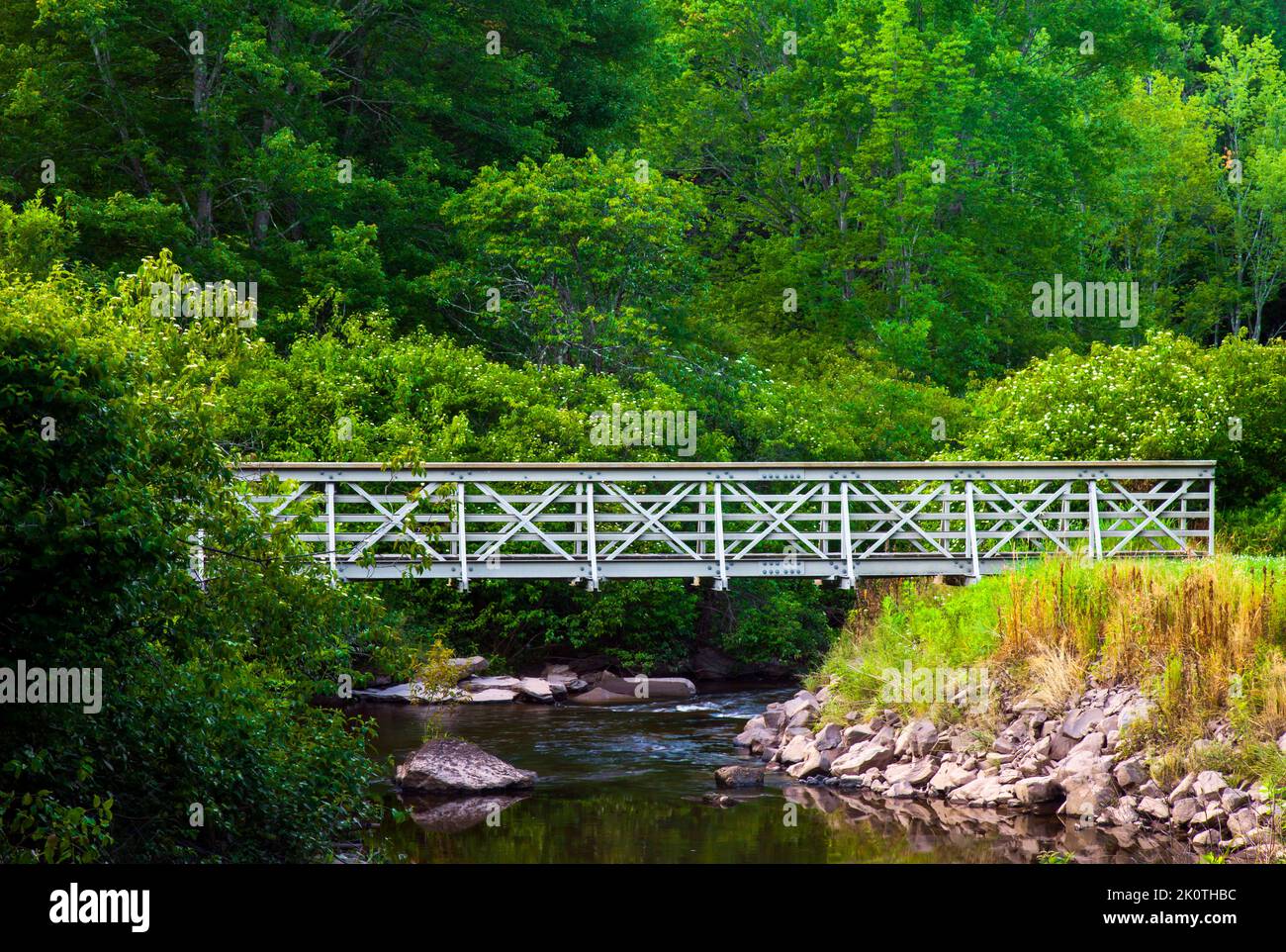 A modern steel footbridge with a Howe Truss crossing a small stream at the Varden Conservaqtion Area in Wayne County, Pennslvania. Stock Photo