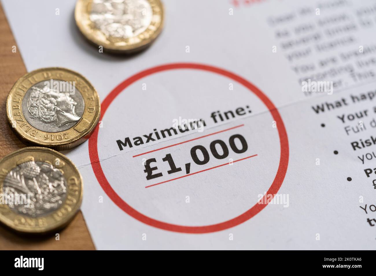 TV licensing Under Investigation letter for late / non payment of the BBC TV license fee warning of a maximum fine of £1000, with pound coins Stock Photo