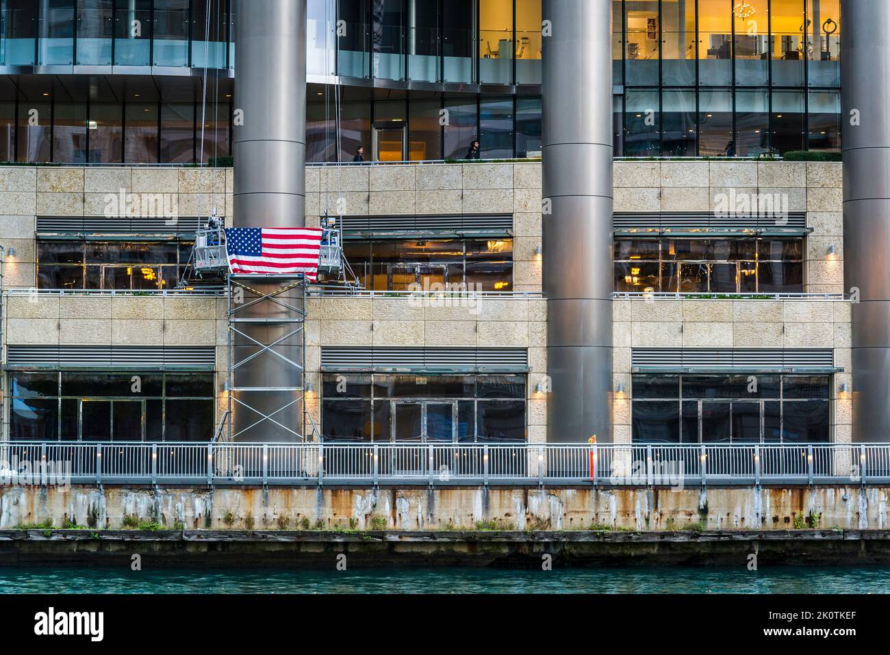 American flag on a riverside building, Chicago, Illinois, USA Stock ...