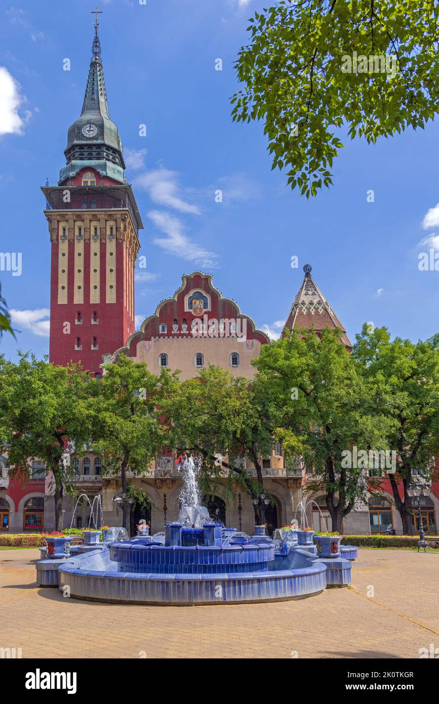 Town Hall and Blue Fountain Landmarks in Subotica at Hot Summer Day Stock Photo
