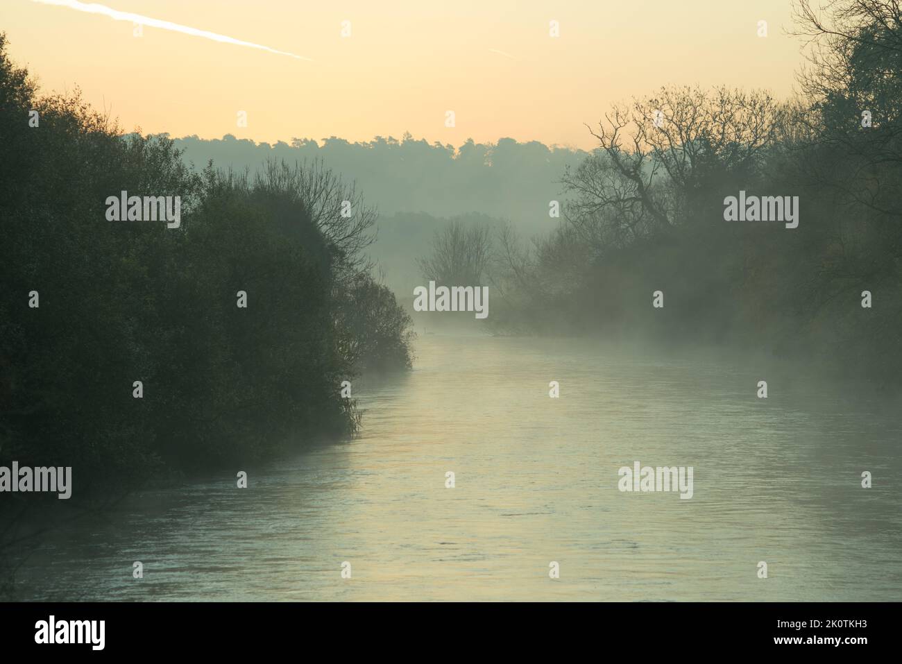 Autumnal river with trees and mist Stock Photo
