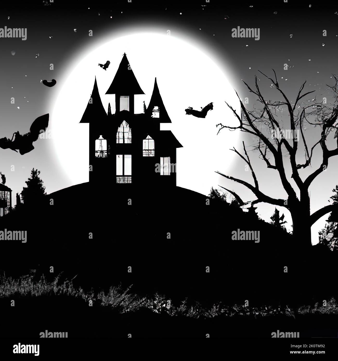 Black and white siilhouette of haunted house on hillside with creepy trees in front of full moon with flying bats. Stock Photo