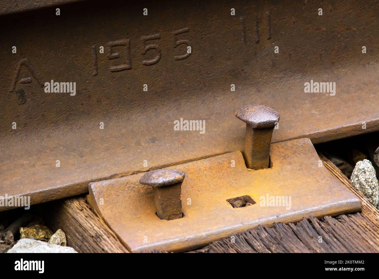 Close up of the parts of a railroad track. Stock Photo