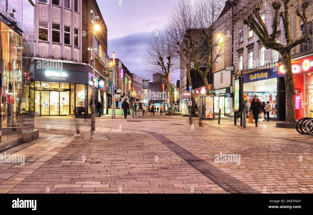 Dudley Street the main shopping street in Wolverhampton at dusk June