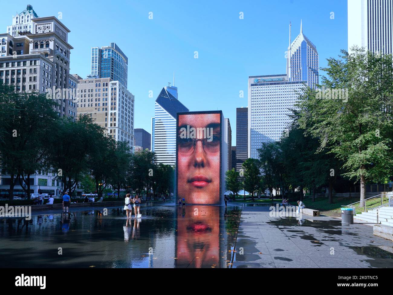 Chicago, USA - August 2022: The Crown Fountain in Millennium Park on Michigan Avenue, has an LED screen that shows the faces of thousands of Chicago r Stock Photo