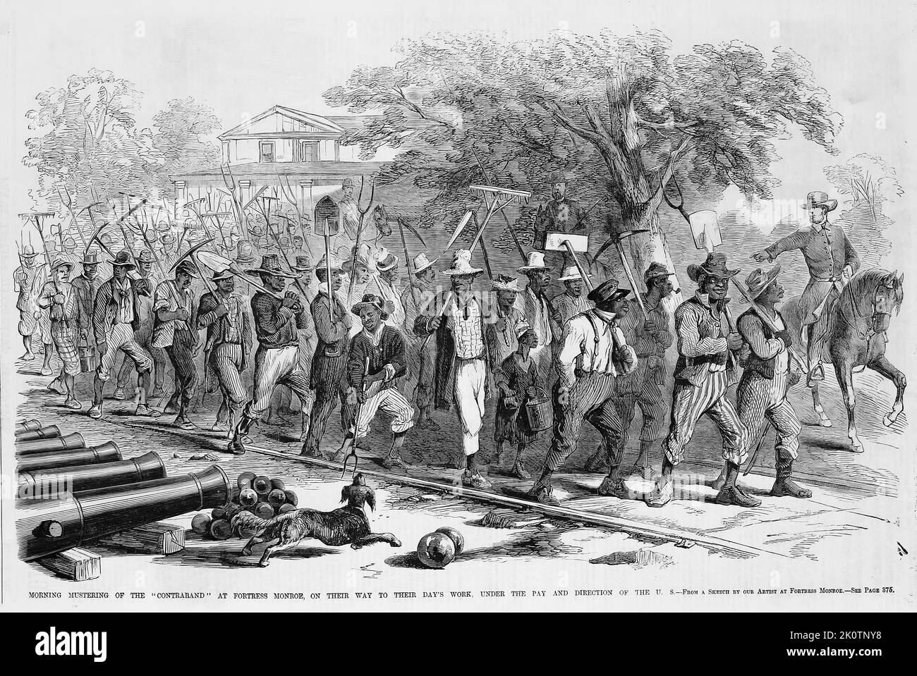 Morning mustering of the 'contraband' at Fort Monroe, Virginia, on their way to their day's work, under the pay and direction of the U.S. October 1861. 19th century American Civil War illustration from Frank Leslie's Illustrated Newspaper Stock Photo