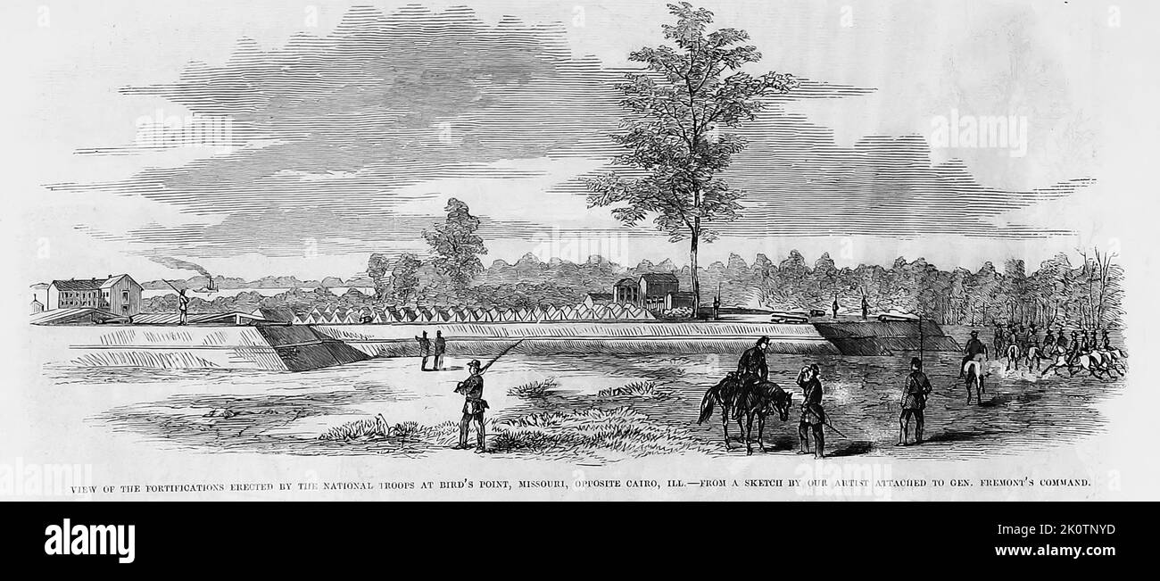 View of the fortifications erected by the National troops at Bird's Point, Missouri, opposite Cairo, Illinois. October 1861. 19th century American Civil War illustration from Frank Leslie's Illustrated Newspaper Stock Photo