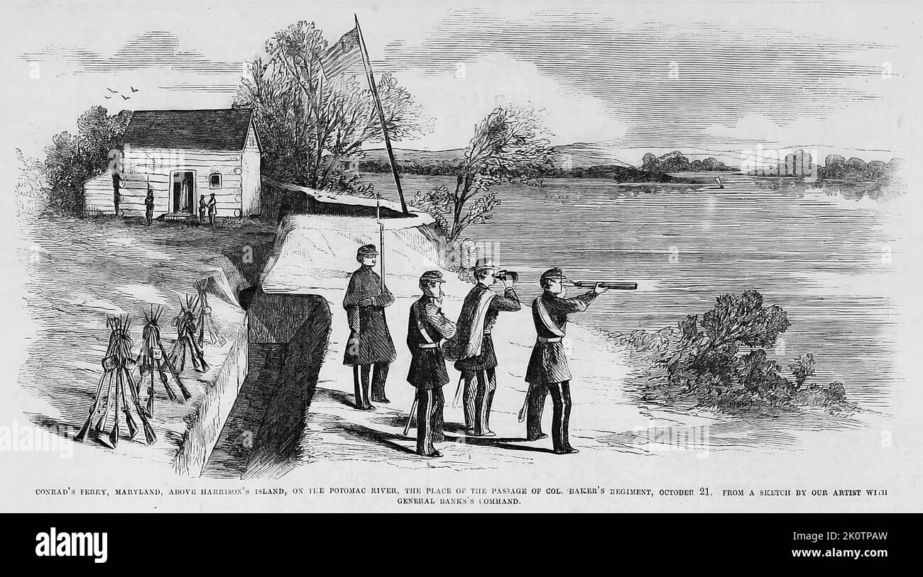 Conrad's Ferry, Maryland, above Harrison's Island, on the Potomac River, the place of the passage of Colonel Baker's Regiment, October 21st, 1861. 19th century American Civil War illustration from Frank Leslie's Illustrated Newspaper Stock Photo