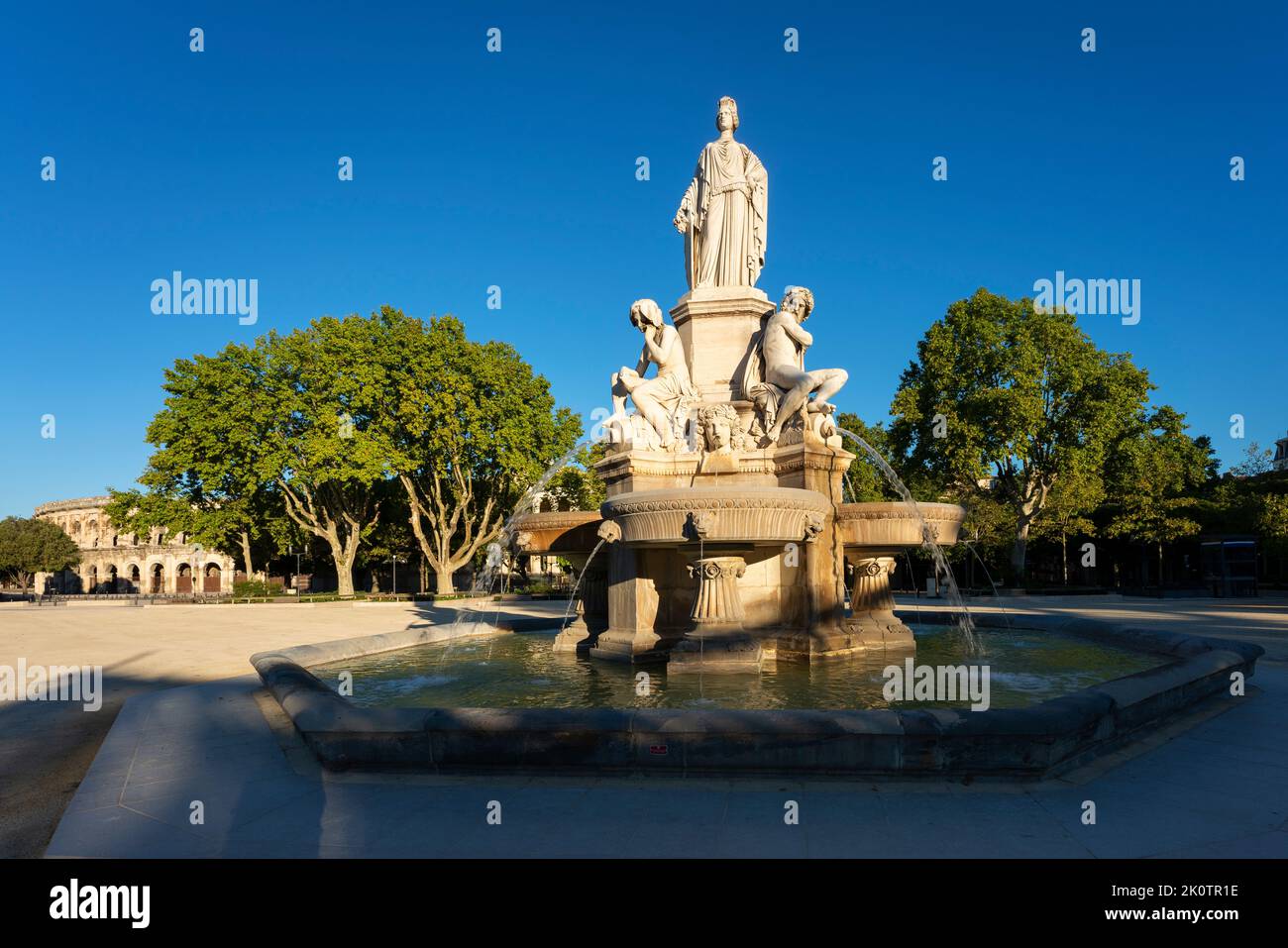 View of famous fountain in Nimes, France Stock Photo