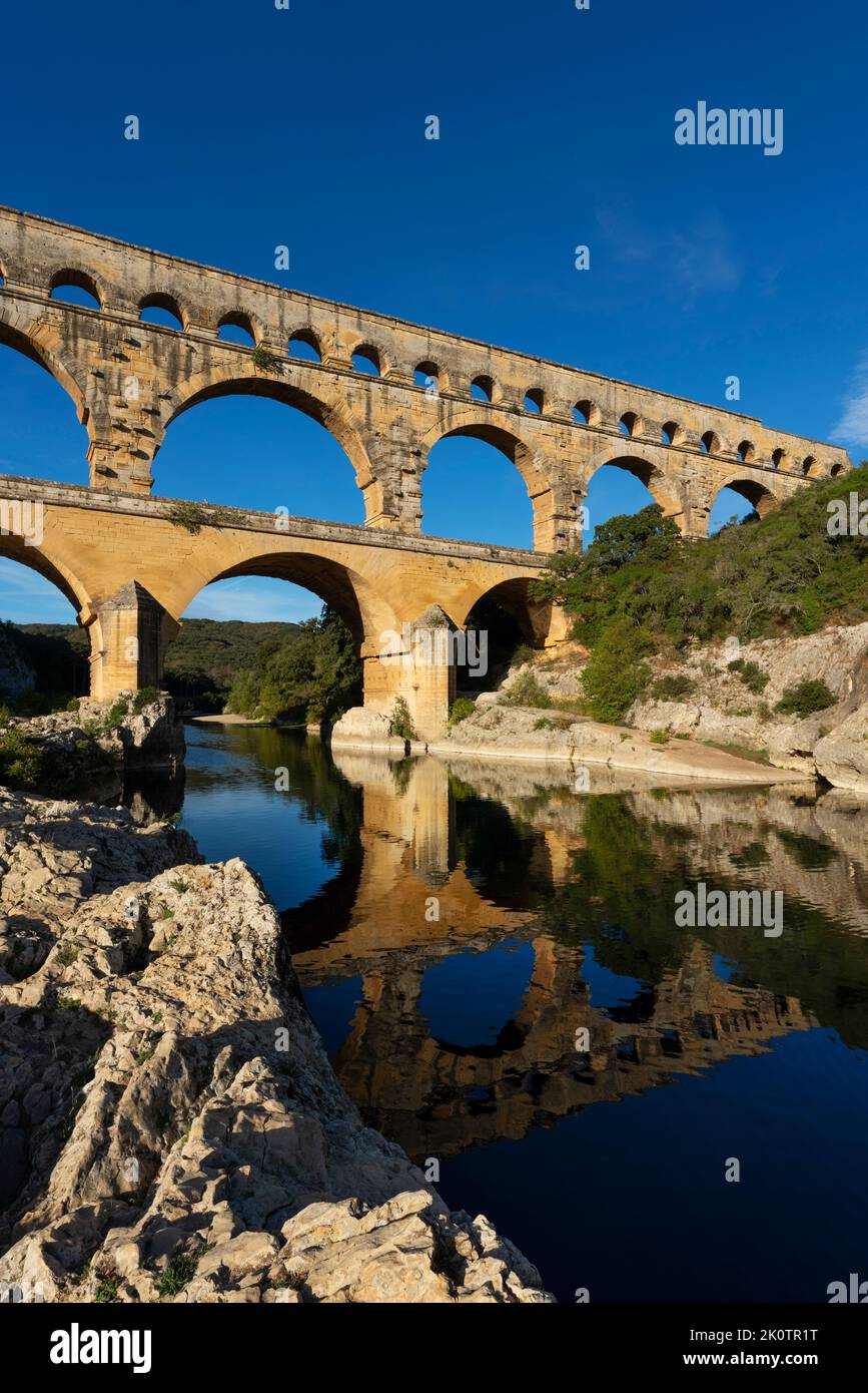 Vertical view of famous Pont du Gard, old roman aqueduct in France, Europe Stock Photo