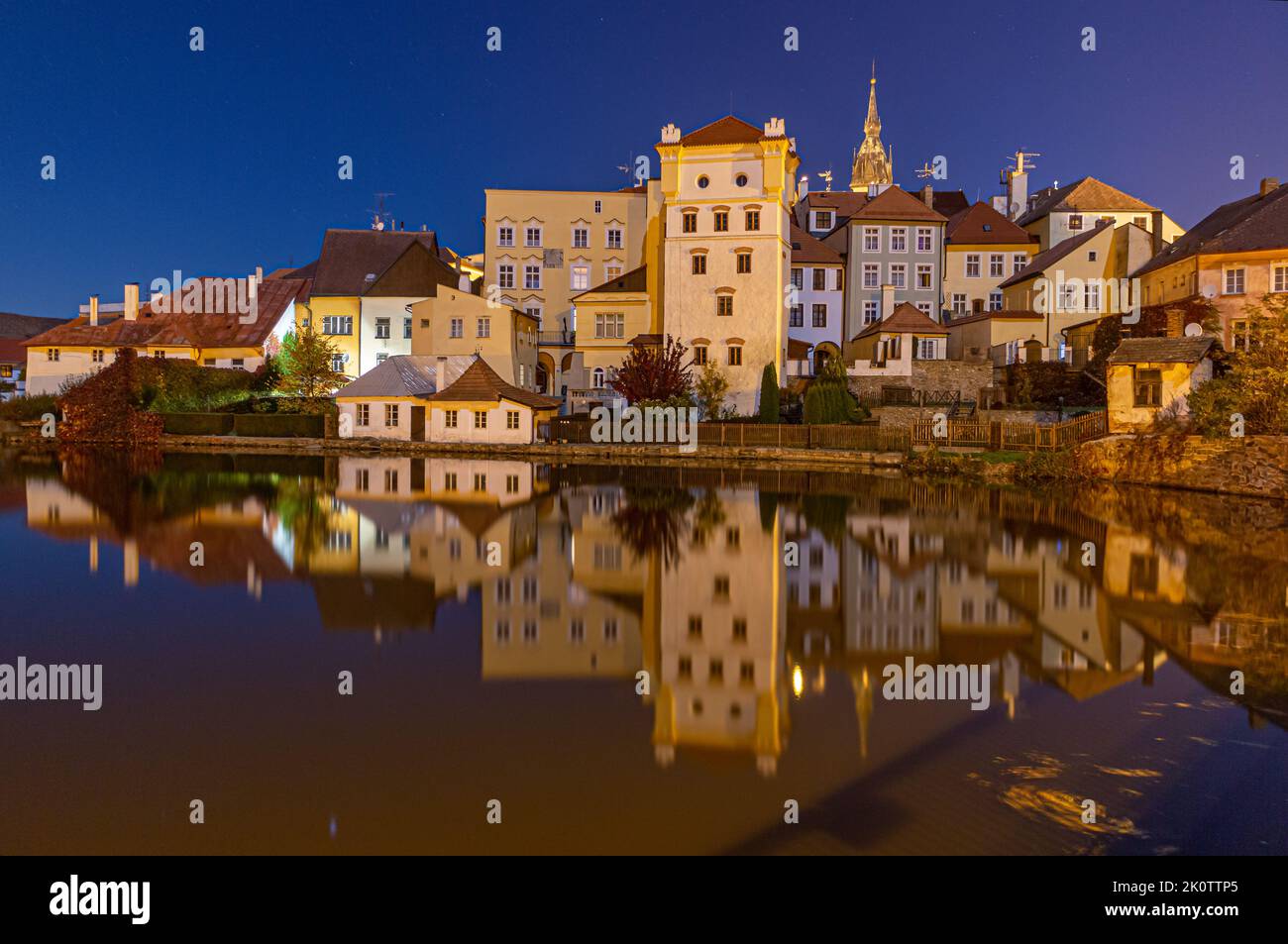 Night view on the City of Jindrichuv Hradec, a town in the Czech Republic in the region South Bohemia. View of the old town at night. Stock Photo