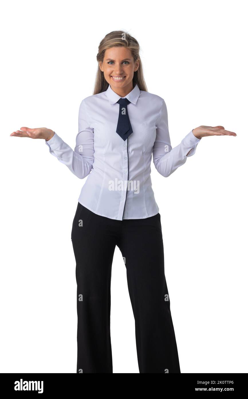Pretty business woman holding her hands out saying that she does not know isolated over white background. Have no idea concept Stock Photo