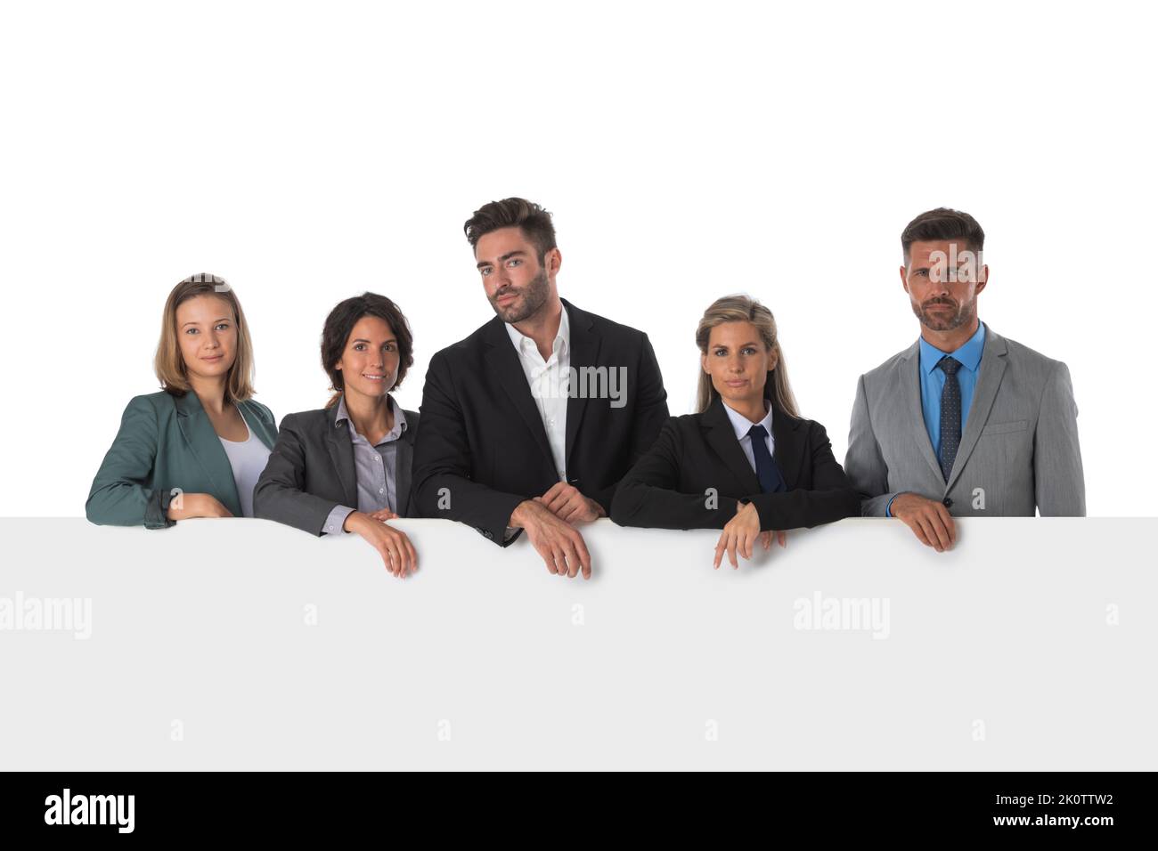 Group of business people presenting empty banner. Isolated on white Stock Photo