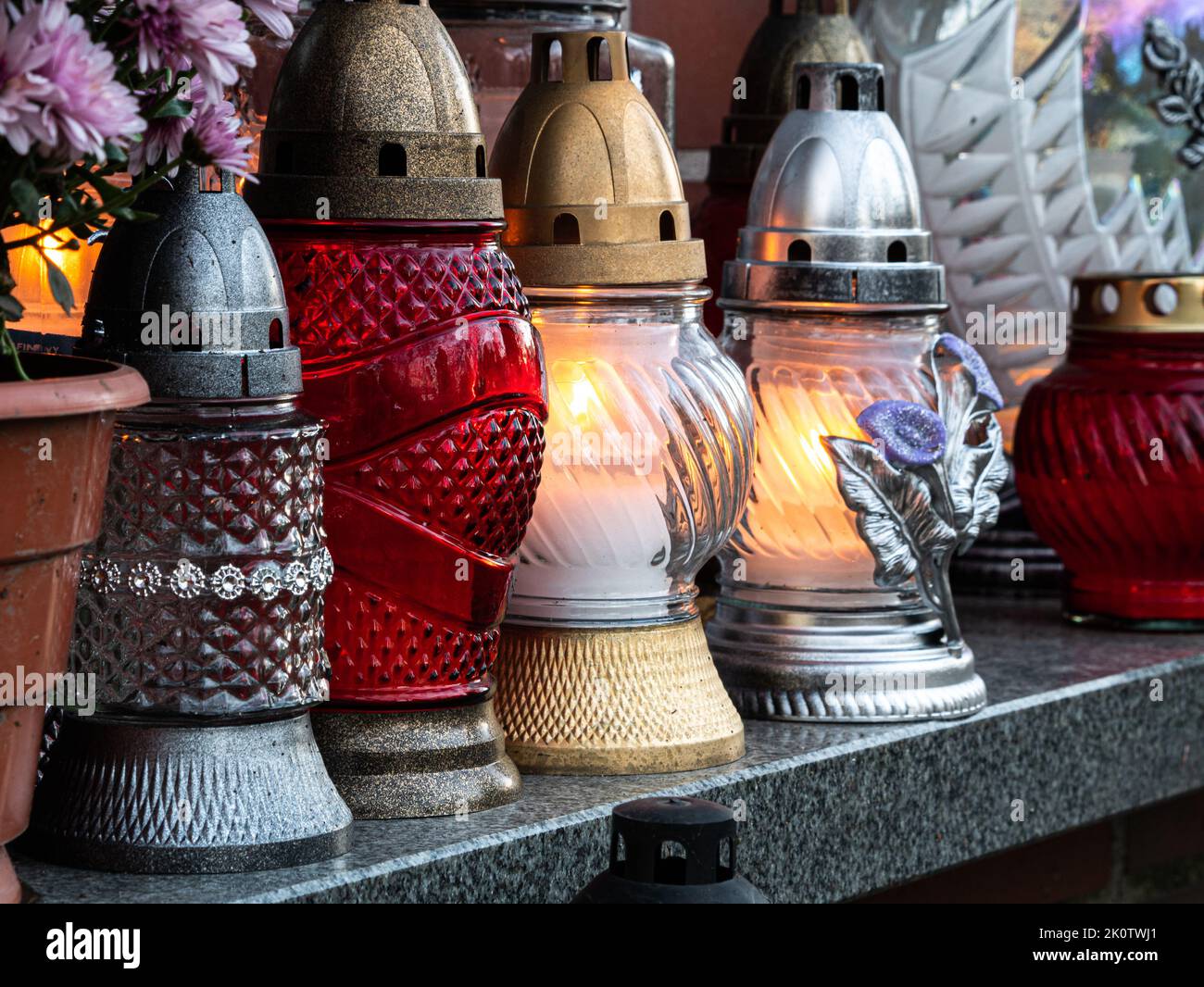 Cemetery grave candle glass lanterns. All Saints' Day, Feast of All
