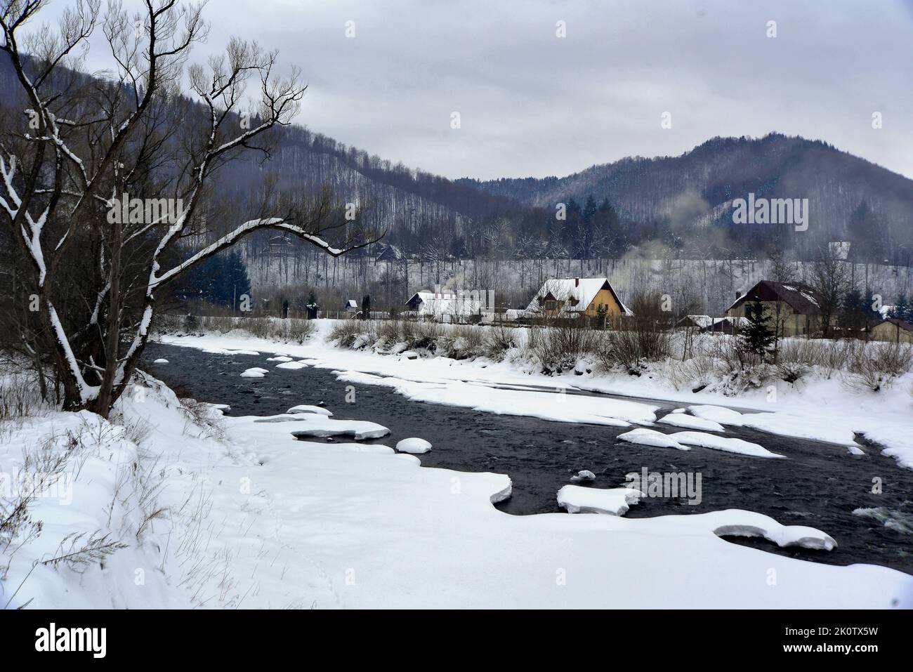River and lake with ice and snow between trees hi-res stock photography ...