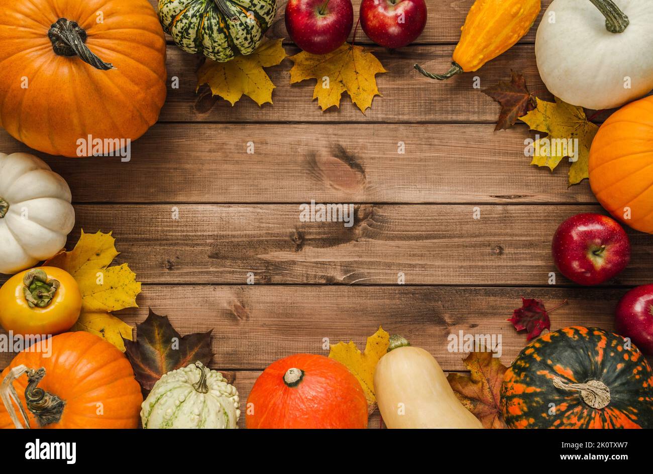 Autumn composition frame with variety of pumpkins, gourds, squash types, apples, kaki persimmon fruit, leaves. Fall flat lay, copy space on wood. Stock Photo