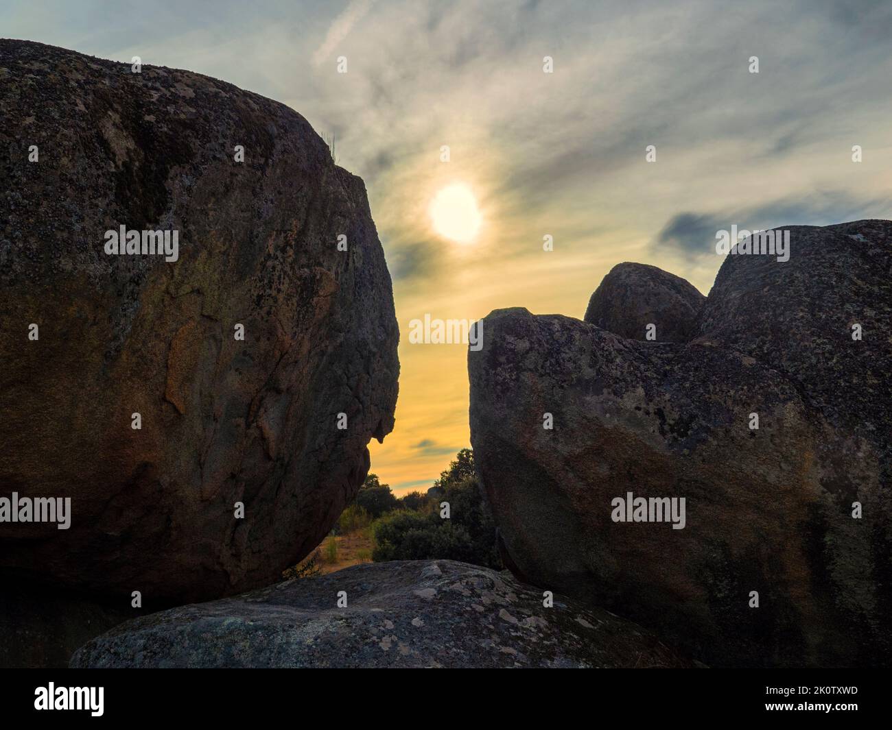 Sunset in the natural park of Los Barruecos, in the municipality of Malpartida. Stock Photo