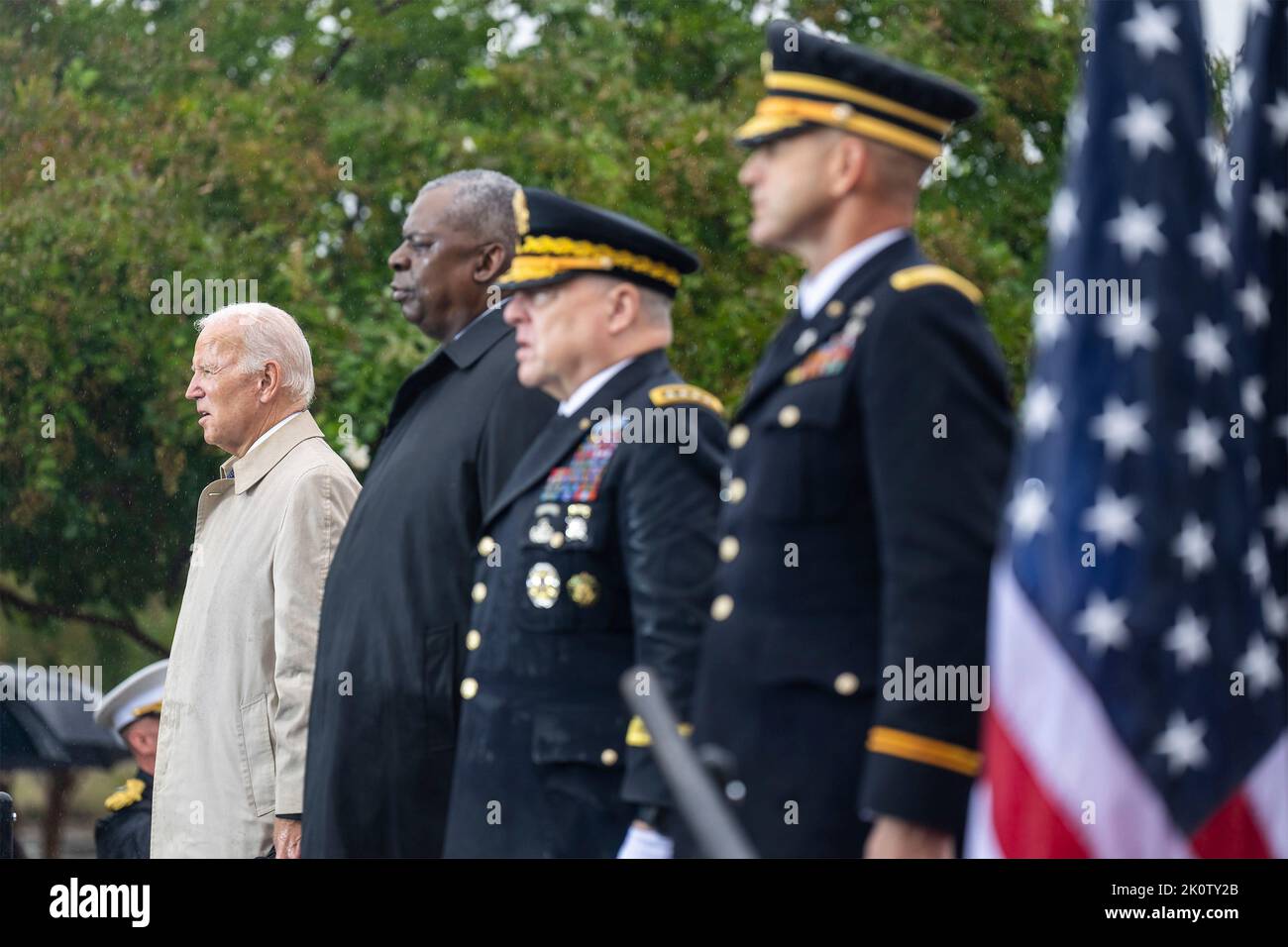 Washington, United States of America. 11 September, 2022. U.S President Joe Biden, left, stands during the ceremony remembering the victims of the 9/11 attacks on the 21st anniversary at the Pentagon, September 11, 2022 in Arlington, Virginia. Standing left to right are: President Joe Biden, Secretary of Defense Lloyd Austin, Chairman of the Joint Chiefs Gen. Mark Milley and Maj. Gen. Allan M. Pepin, commanding general, National Capital Region.  Credit: Adam Schultz/White House Photo/Alamy Live News Stock Photo