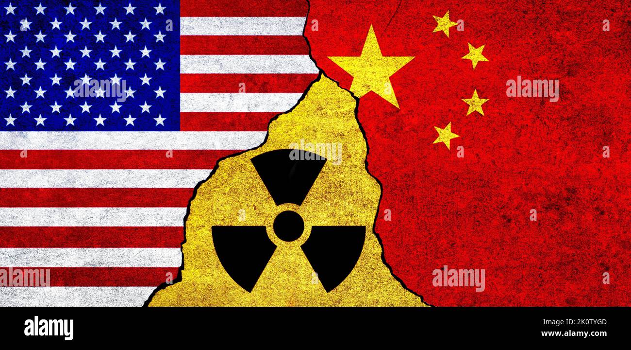 Flags of USA, China and radiation symbol together. United States of America and China Nuclear deal, threat, agreement, tensions concept Stock Photo