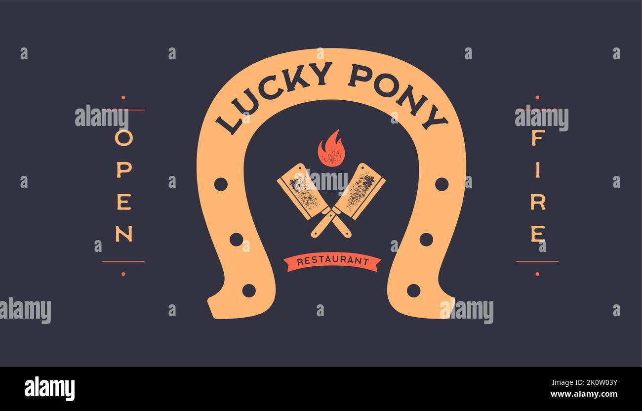 Logo lucky horseshoe. Text Lucky Pony, gold horseshoe, graphic and