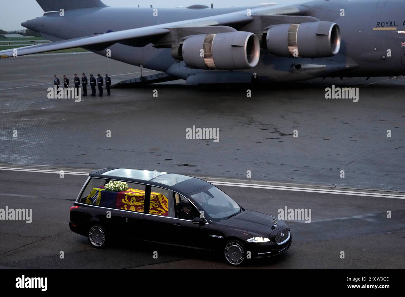 The coffin of Queen Elizabeth II carried in a State Hearse leaving RAF Northolt, west London, from where it will be taken to Buckingham Palace, London, to lie at rest overnight in the Bow Room. Picture date: Tuesday September 13, 2022. Stock Photo