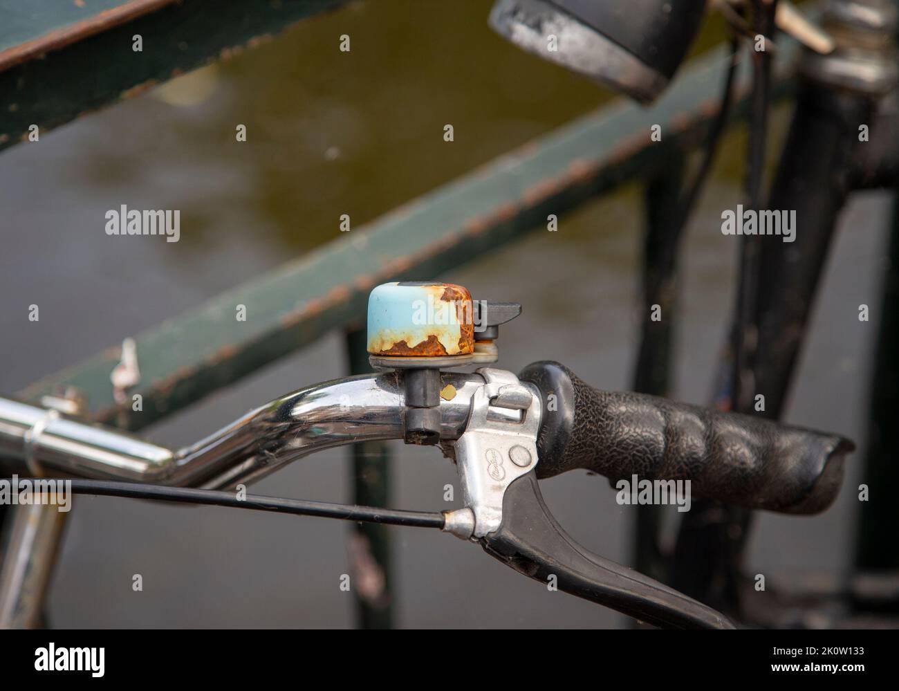 A bicycle bell on a bike in Amsterdam Stock Photo