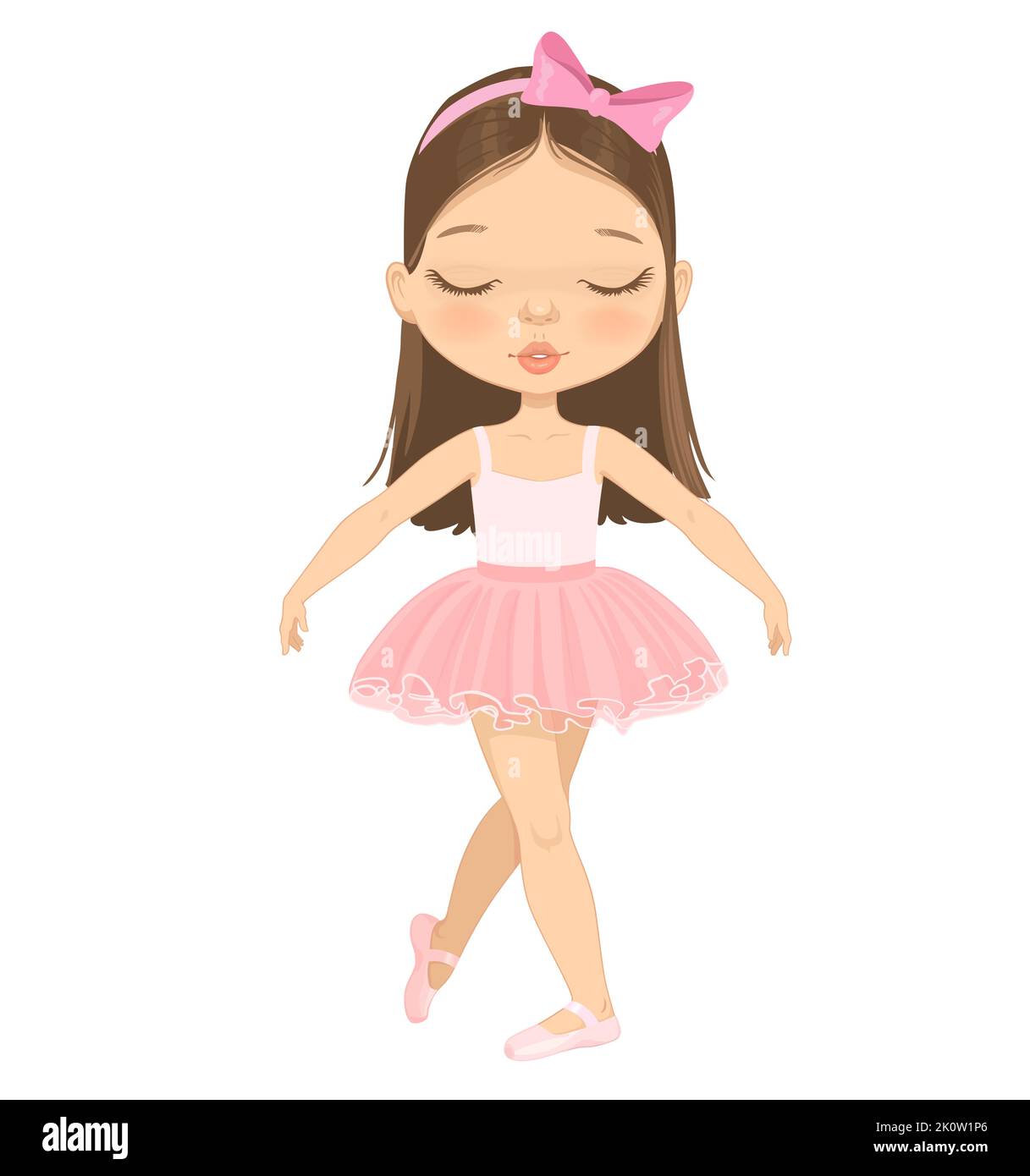 Cute Brown Hair Ballerina Girl With Eyes Closed Dancing. Little