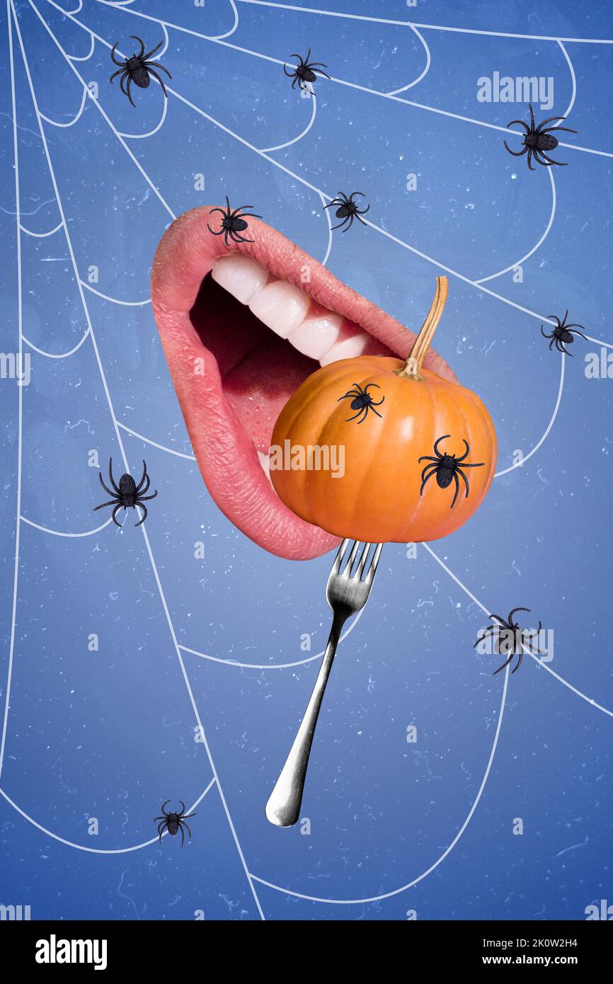 Vertical creative collage image of human mouth teeth bite fork hold