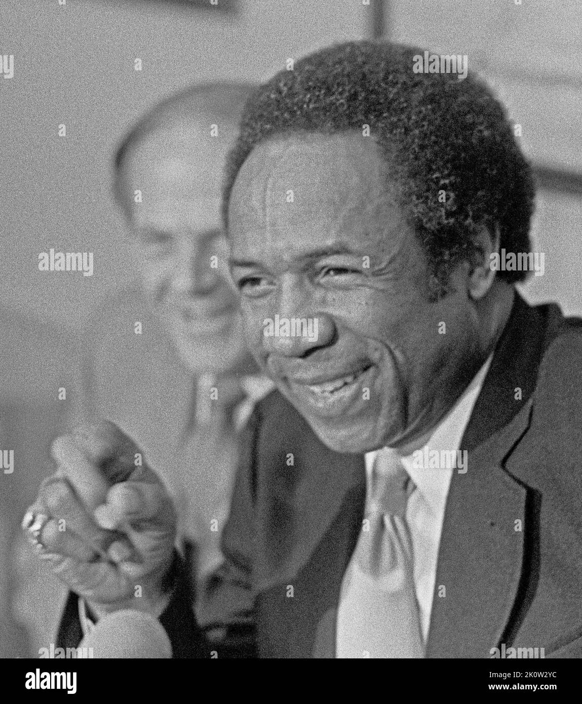 San Francisco Giants Baseball Team owner, Bob Lurie  (on left), and manager, Frank Robinson (right) hold a press conference in 1981. Stock Photo