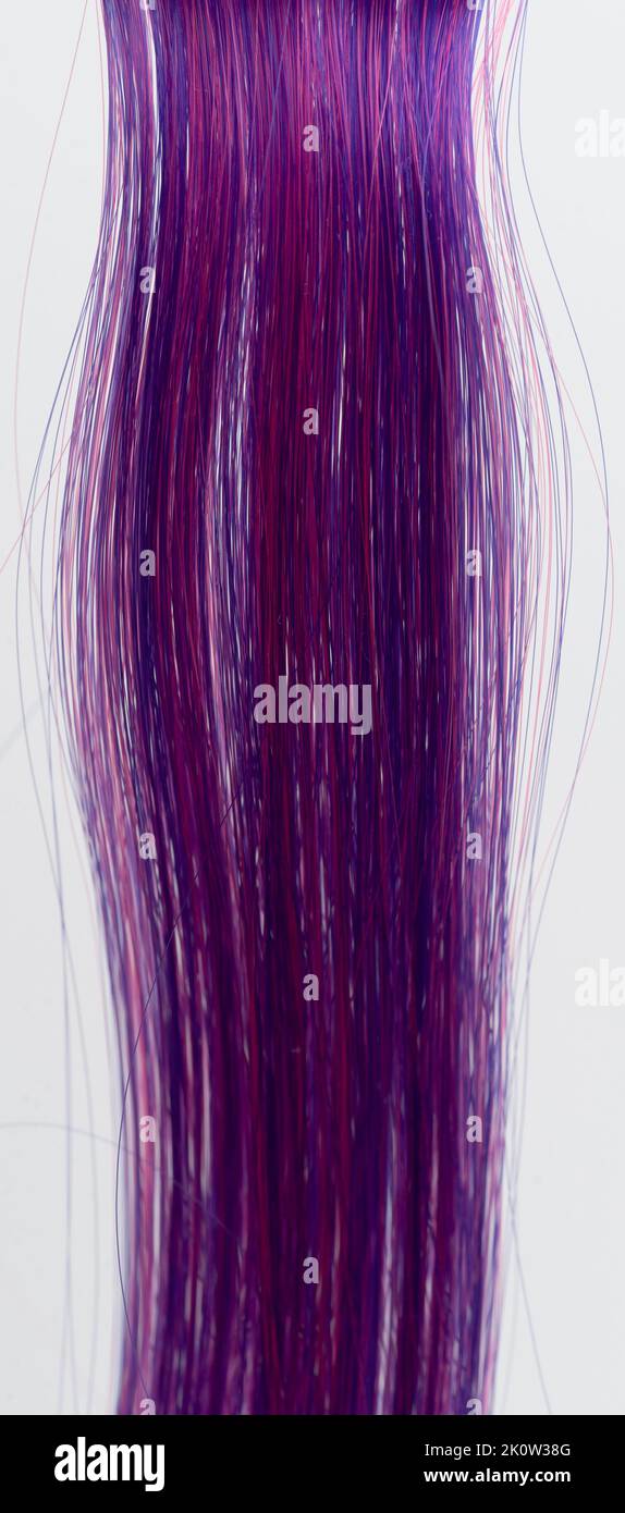 Purple straight hair strands lines isolated on white studio background Stock Photo