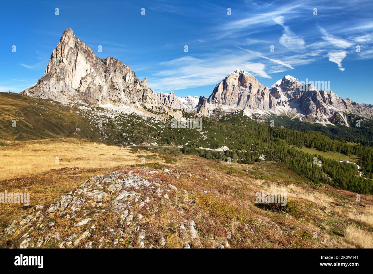 View from passo Giau to mount Ra Gusela from Nuvolau gruppe and Tofana or Le Tofane Gruppe with clouds, Dolomites mountains, Italy Stock Photo