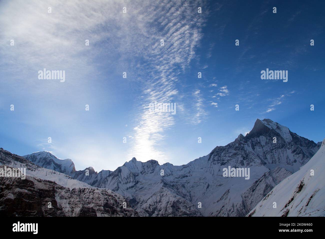 View of Mount Machhapuchhre from Annapurna south base camp, round Annapurna circuit trekking trail, himalayan mountains, Nepal Stock Photo