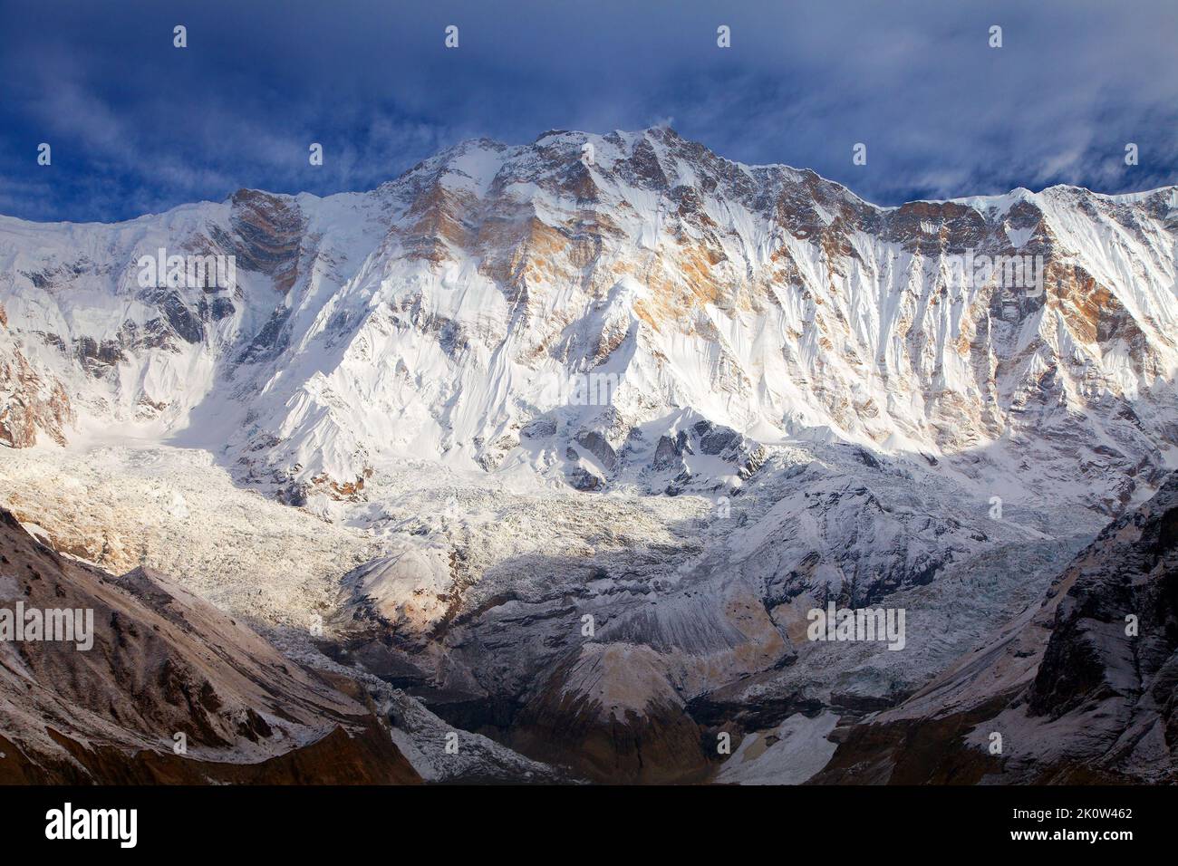 Morning panoramic view of Mount Annapurna from Annapurna south base camp, Nepal Himalayas mountains Stock Photo