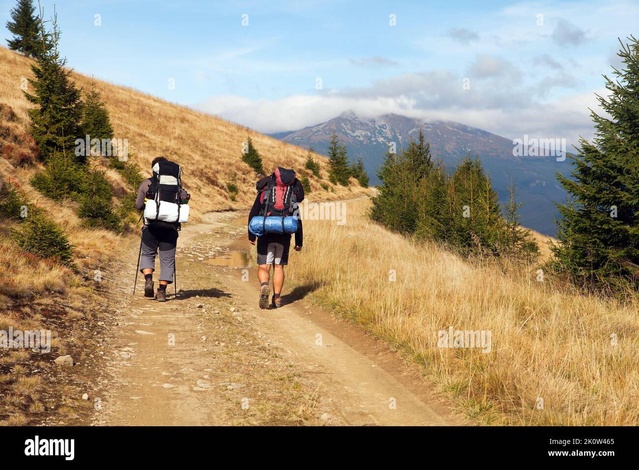 Mount Hoverla or Goverla with two tourists, Ukraine Karpathian mountains Stock Photo