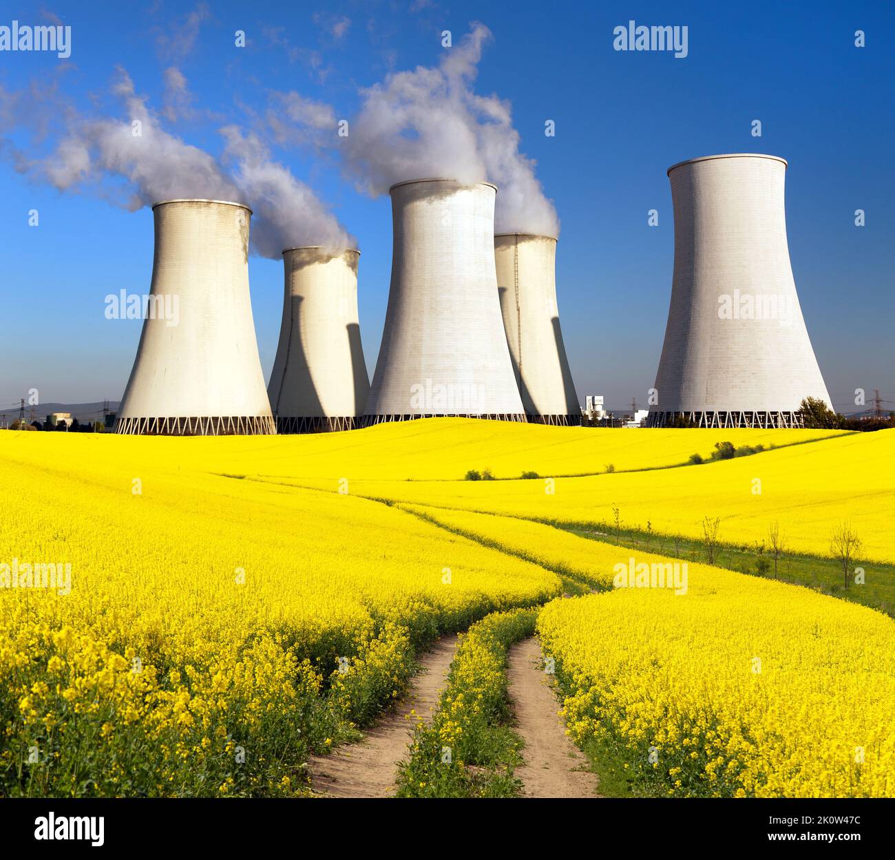 Panoramic view of Nuclear power plant  with golden flowering field of rapeseed, canola or colza - Slovakia - two possibility for production of electri Stock Photo