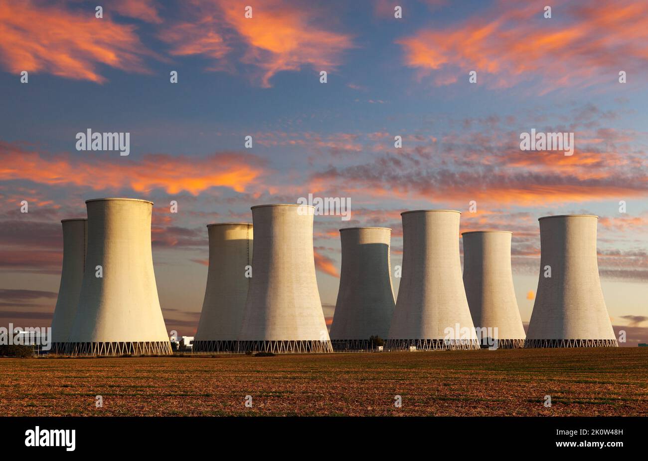 Evening colored sunset view of Nuclear power plant Jaslovske Bohunice - Slovakia Stock Photo