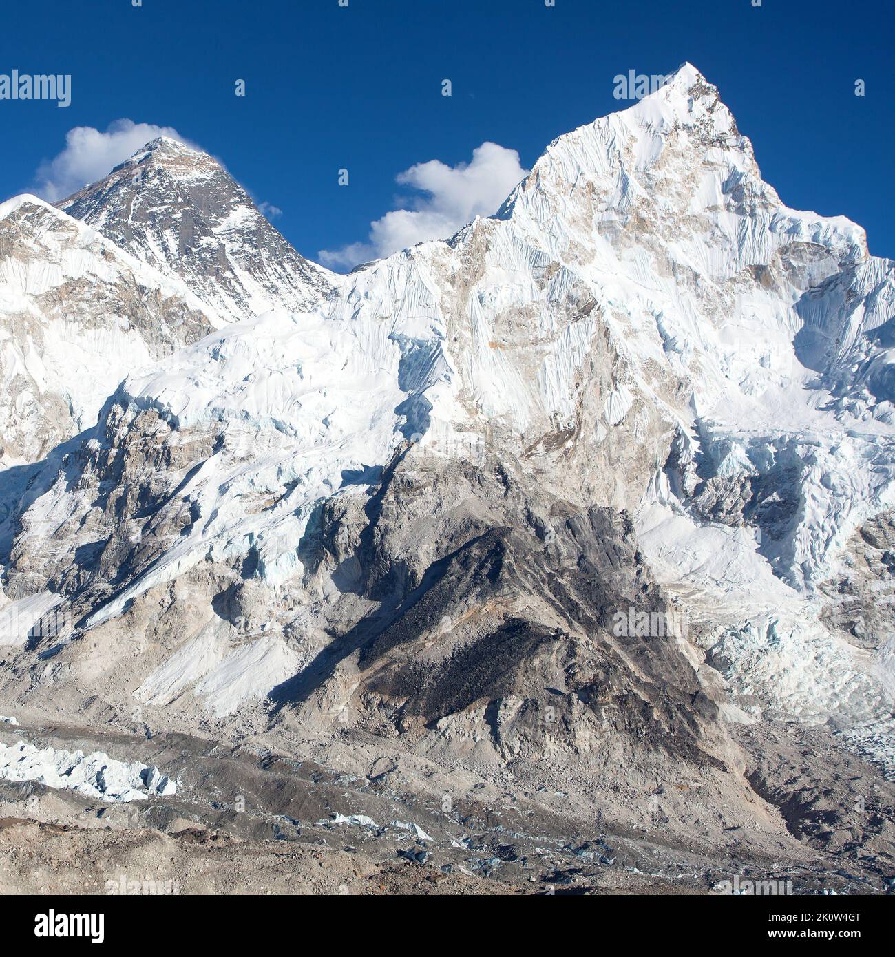 Panoramic view of mount Everest and mt. Nuptse, Khumbu valley and glacier, Sagarmatha national park, Nepal Himalayas mountains Stock Photo