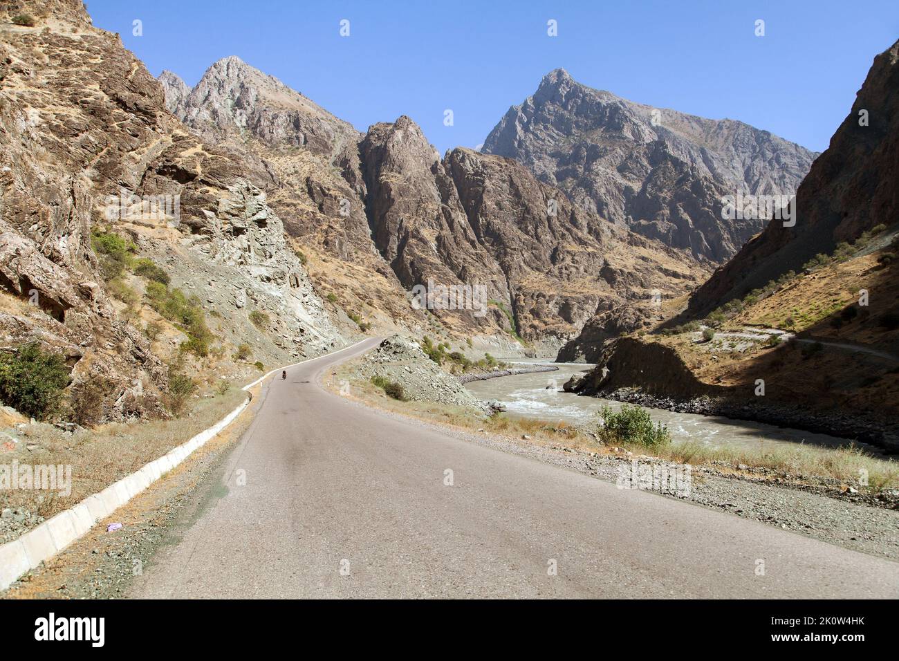 Panj river and Pamir mountains, Panj is upper part of Amu Darya river, Panoramic view from Tajikistan and Afghanistan border, Gorno-badakhshan region, Stock Photo