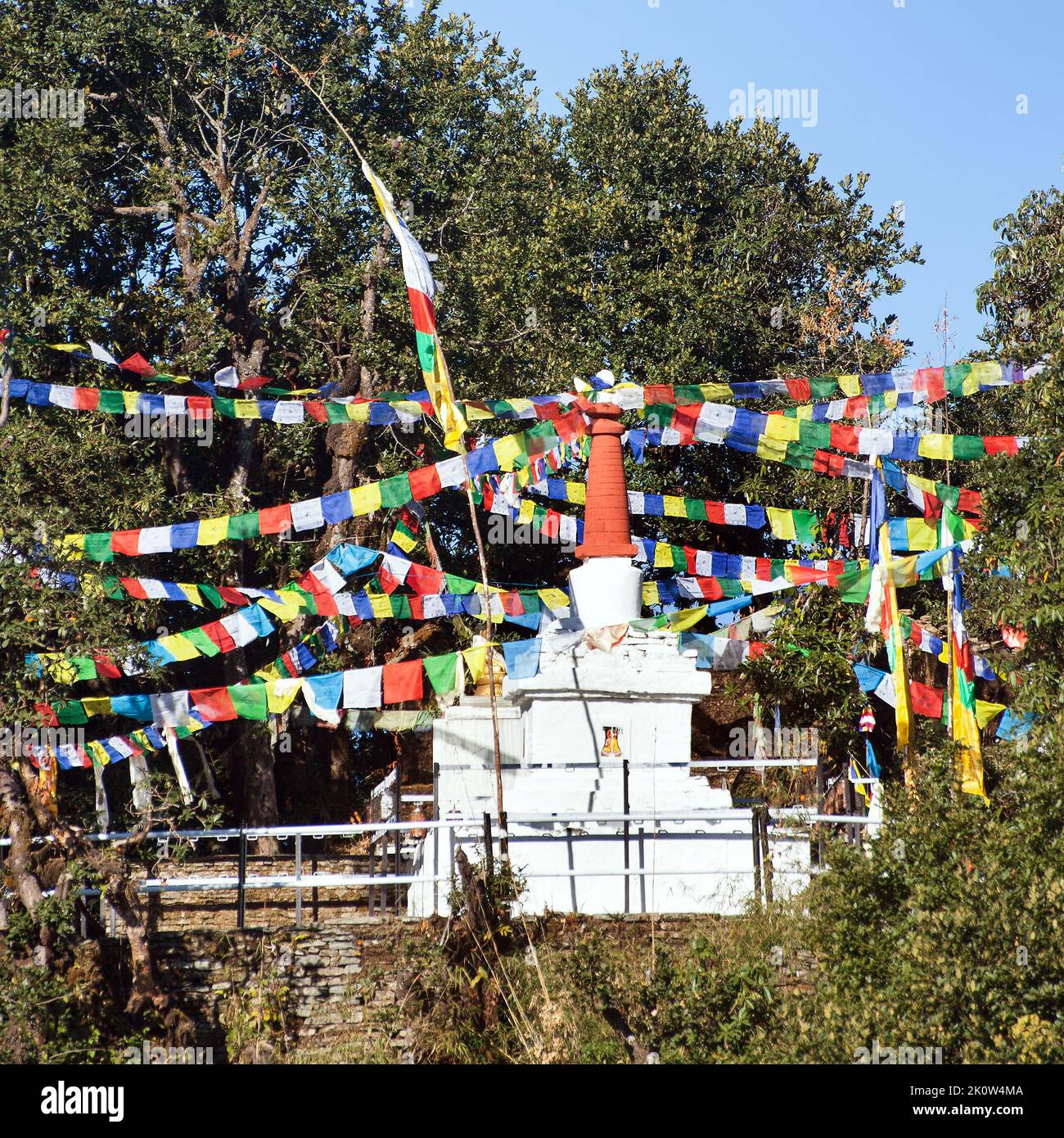 View of stupa with prayer flags, Nepal Himalayas mountains Stock Photo