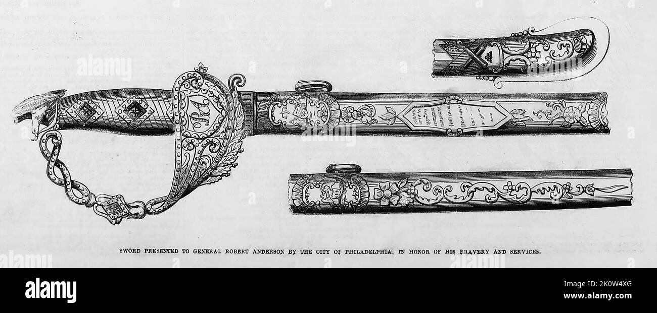 Sword presented to General Robert Anderson by the city of Philadelphia, Pennsylvania, in honor of his bravery and services. 1861. 19th century American Civil War illustration from Frank Leslie's Illustrated Newspaper Stock Photo
