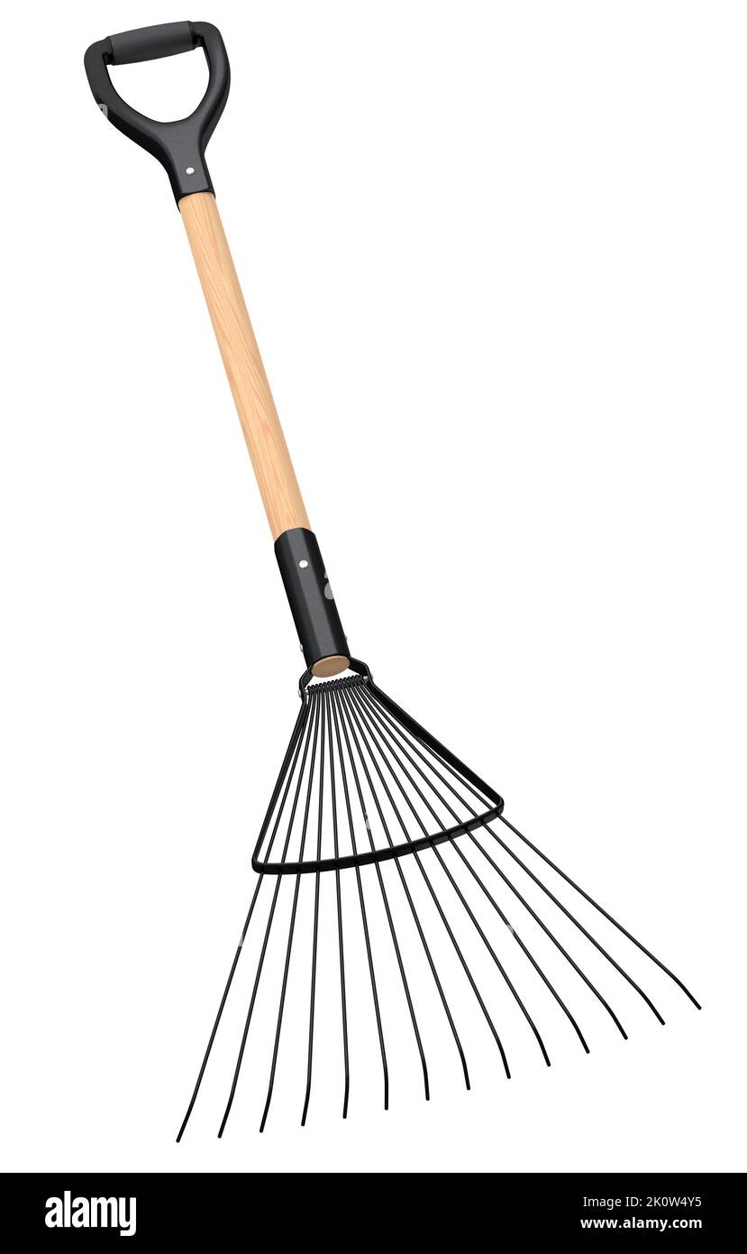 Garden rake with wooden handle for harvesting hay on white background