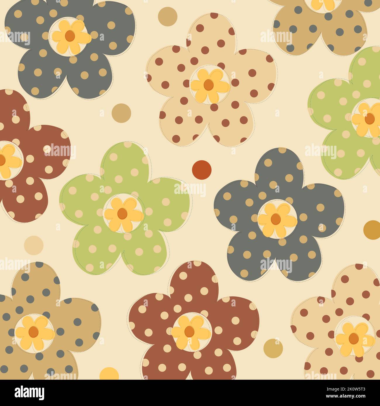 Polka Dot Groovy Retro Flowers Vector Pattern. Organic Abstract Daisy And Camomile Flower Vintage Elements Pattern. 70s, 80s, 90s Styled Polka Dot Stock Vector