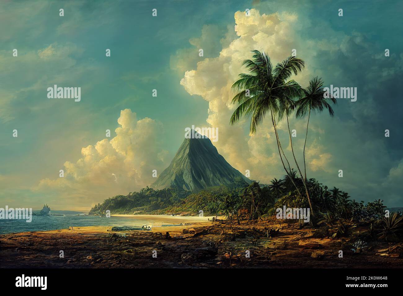 Tropical Bounty Paradise Island in the ocean with mountain palm tree Stock Photo