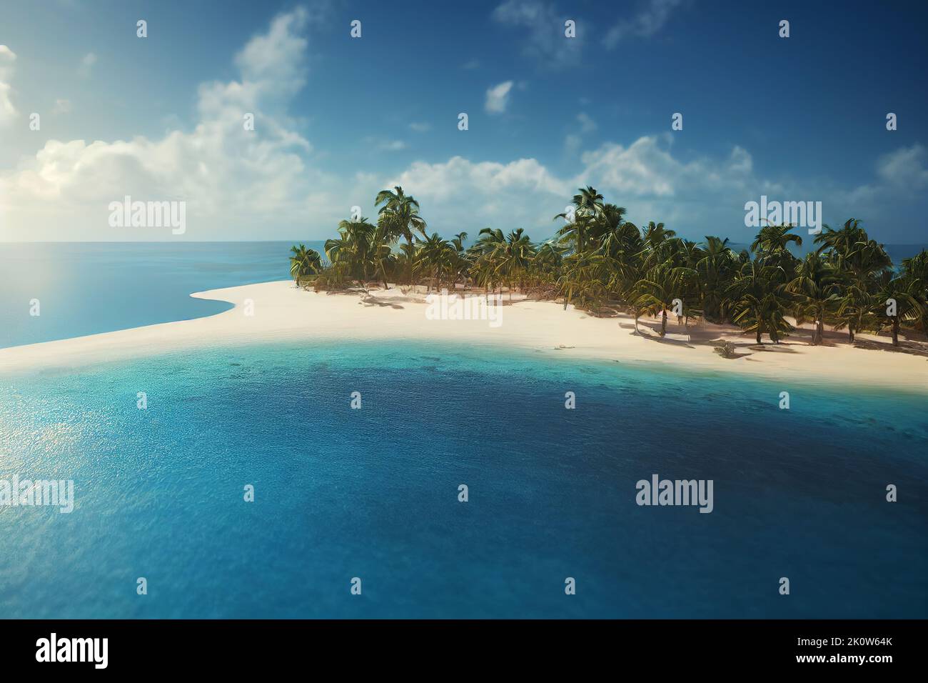 Tropical Bounty Paradise Island. Azure Ocean and White Sand. 3D Illustration. Stock Photo