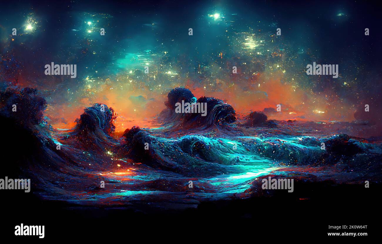 Ocean fantasy night landscape sea starry dark waves stars. Style impressionism Stock Photo
