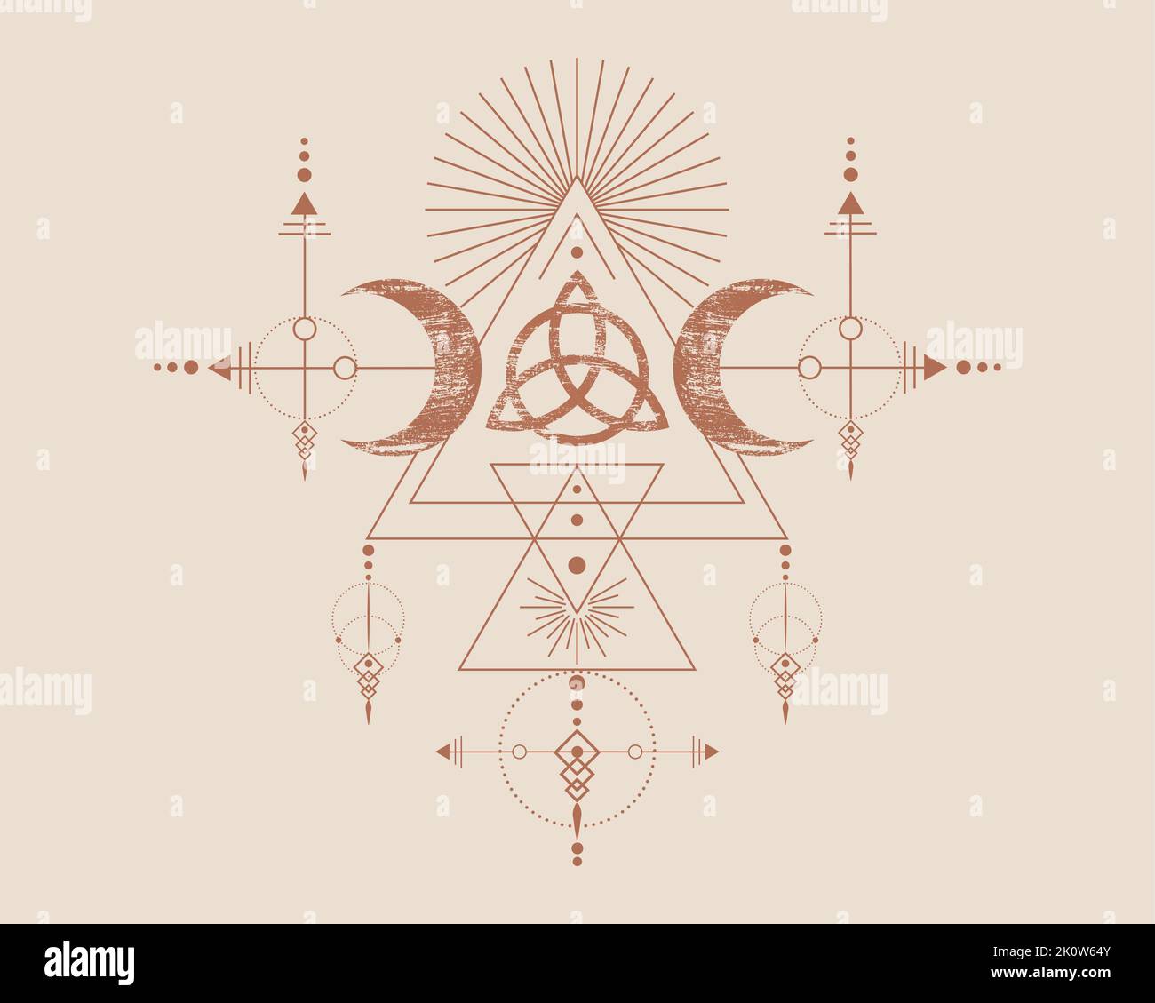 Triple Goddess and Triquetra , Sacred Geometry, tribal triangles, moon phases in Shaman boho vintage style. Retro Tattoo, astrology, alchemy, sign Stock Vector