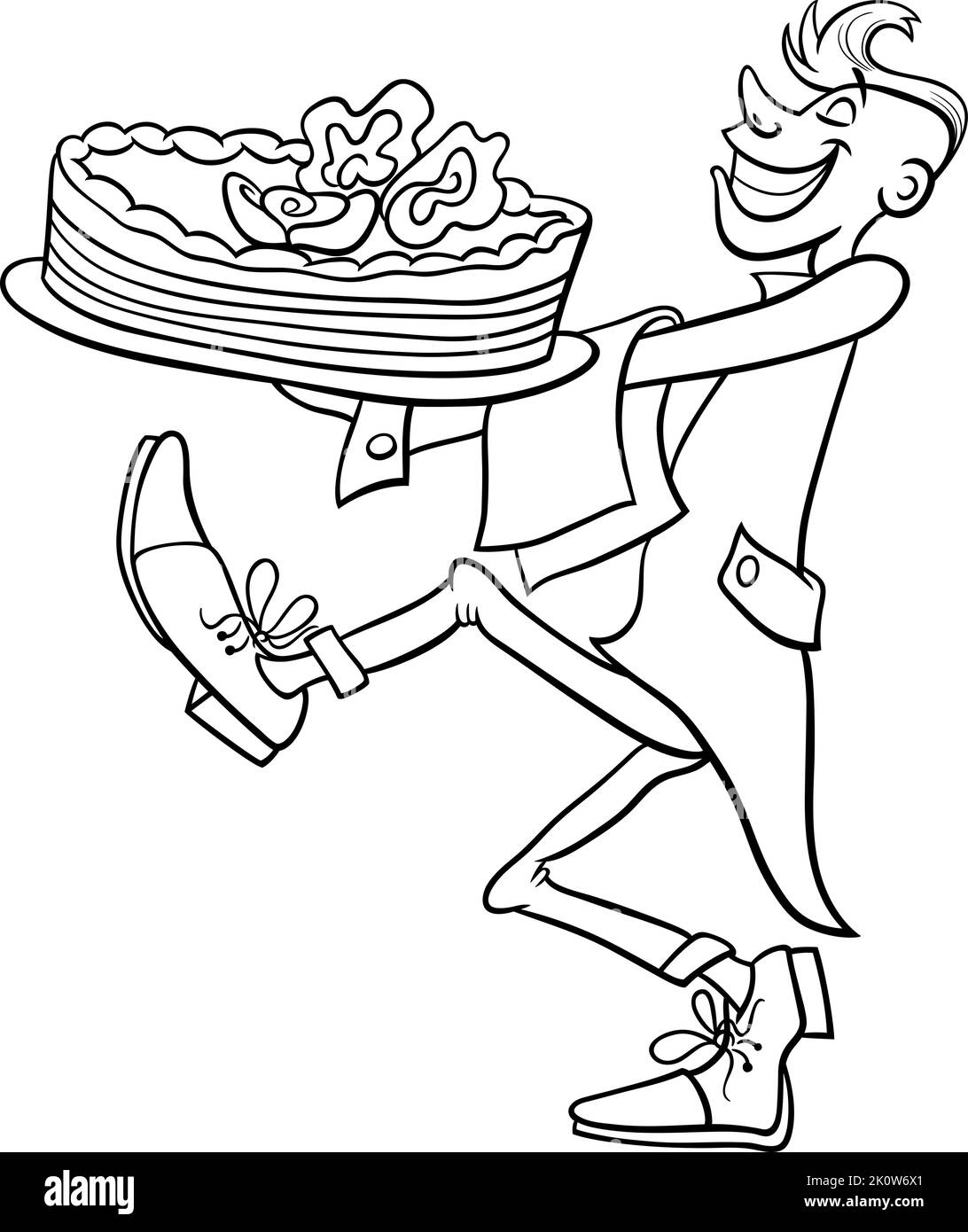 Black and white cartoon illustration of waiter serving a big cake coloring page Stock Vector